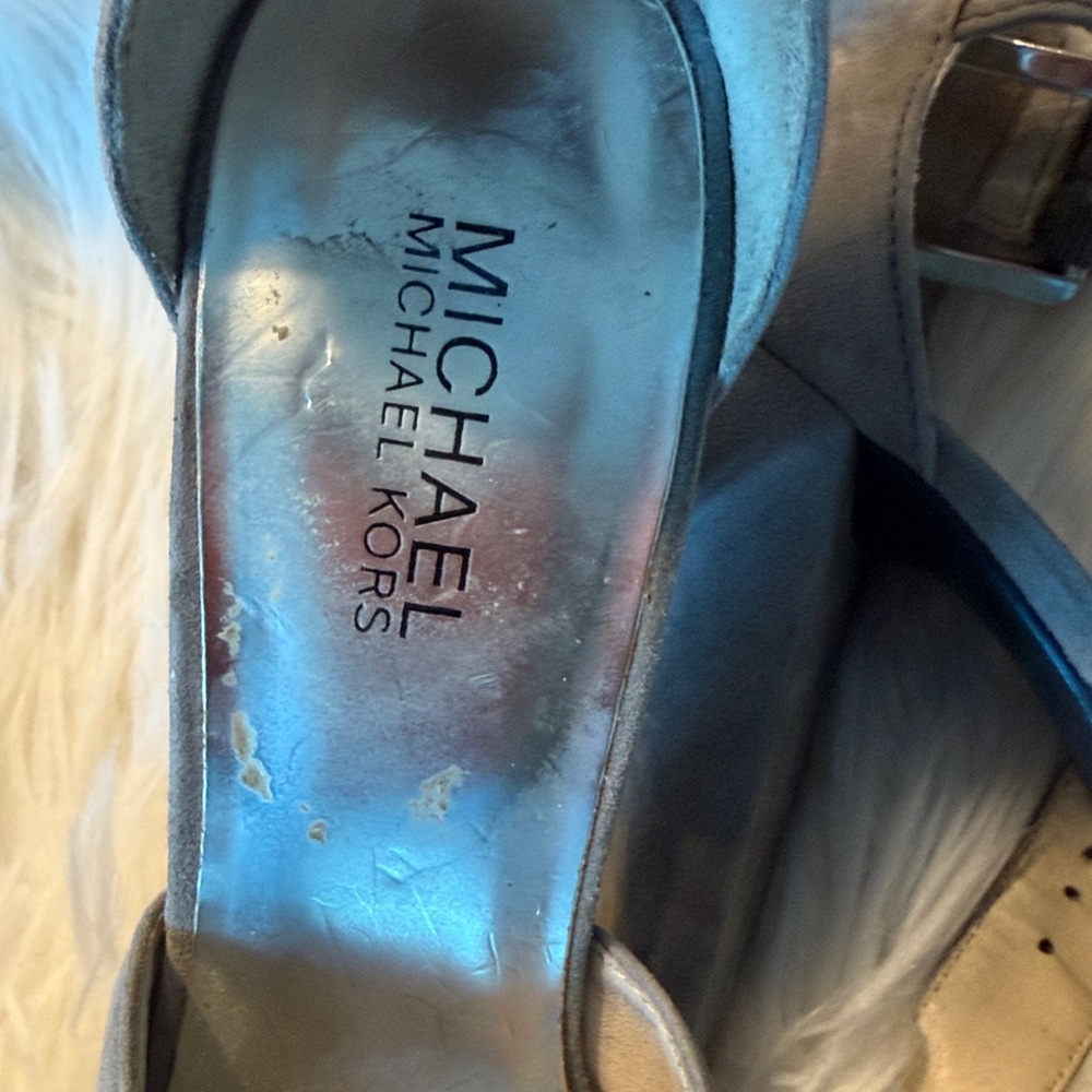 Michael Kors Gray Suede Crisscross Peep-Toe Ankle Strap Heels - Picture 2 of 5